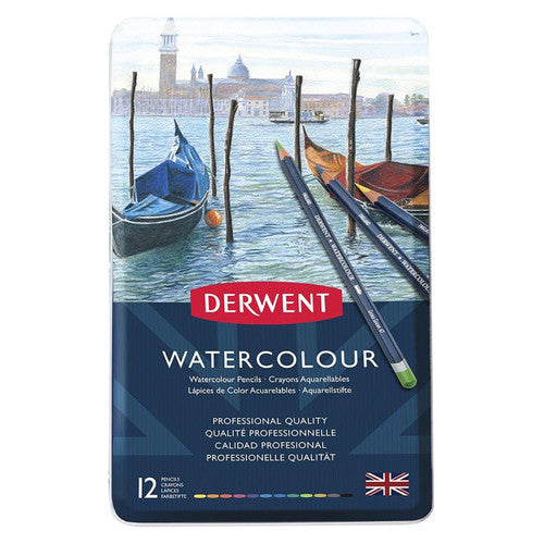 Derwent Academy Watercolour Pencils Assorted Tin 12. Derwent Academy Watercolour Pencils tin of 12 assorted colours closed tin view.