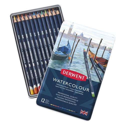 Derwent Academy Watercolour Pencils Assorted Tin 12. Derwent Academy Watercolour Pencils open tin showing 12 assorted pencils arranged in a row.
