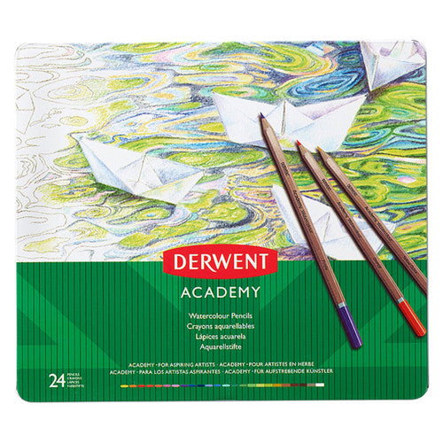 Derwent Academy Watercolour Pencils Assorted Tin 24. Derwent Academy Watercolour Pencils 24-colour assorted tin, closed lid view.