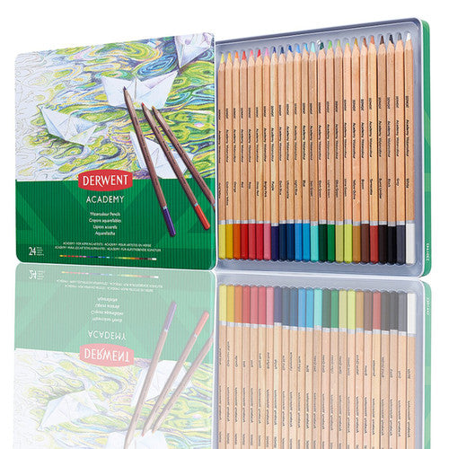 Derwent Academy Watercolour Pencils Assorted Tin 24. Open tin showing 24 assorted Derwent Academy Watercolour Pencils arranged in rows.