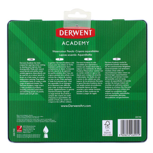 Derwent Academy Watercolour Pencils Assorted Tin 24. Close-up of Derwent Academy Watercolour Pencil showing hexagonal barrel and colour name.