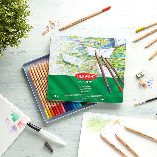Derwent Academy Watercolour Pencils Assorted Tin 24. Watercolour wash created by blending Derwent Academy Watercolour Pencils with water on paper.