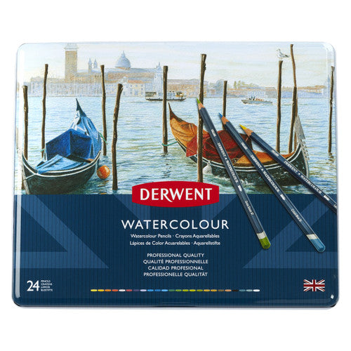 Derwent Academy Watercolour Pencils Assorted Tin 24. Derwent Academy Watercolour Pencils assorted tin of 24 closed, front view.