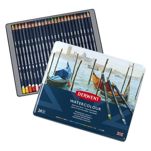 Derwent Academy Watercolour Pencils Assorted Tin 24. Open tin of 24 Derwent Academy Watercolour Pencils showing full colour range.