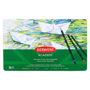 Derwent Academy Watercolour Pencils Assorted Tin 36. Derwent Academy 36 assorted watercolour pencils in a closed tin.