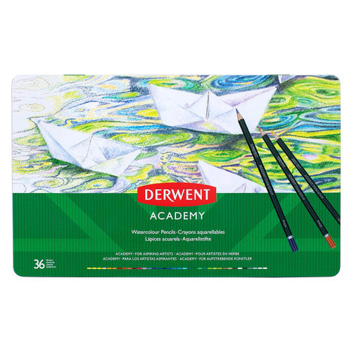 Derwent Academy Watercolour Pencils Assorted Tin 36. Derwent Academy 36 assorted watercolour pencils in a closed tin.