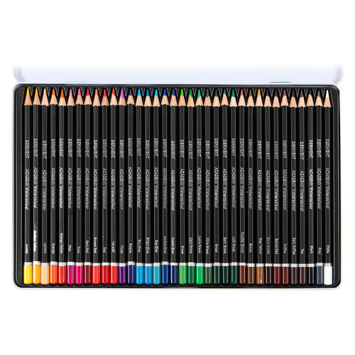 Derwent Academy Watercolour Pencils Assorted Tin 36. Open tin showing 36 assorted Derwent Academy watercolour pencils arranged in rows.