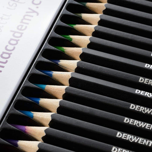 Derwent Academy Watercolour Pencils Assorted Tin 36. Close-up of Derwent Academy watercolour pencil tips showing assorted colours.