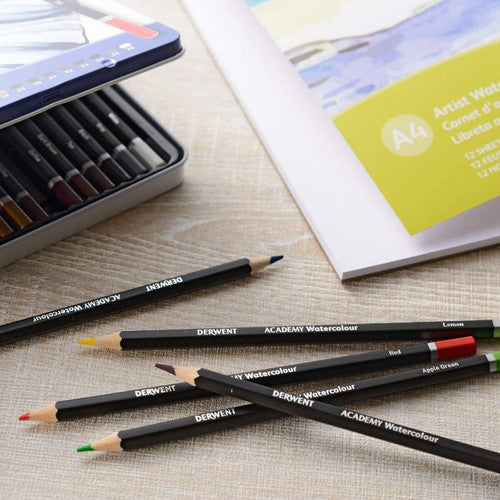 Derwent Academy Watercolour Pencils Assorted Tin 36. Derwent Academy watercolour pencils used on paper with water blending effect.