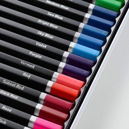 Derwent Academy Watercolour Pencils Assorted Tin 36. Side view of the Derwent Academy 36 watercolour pencil tin packaging.