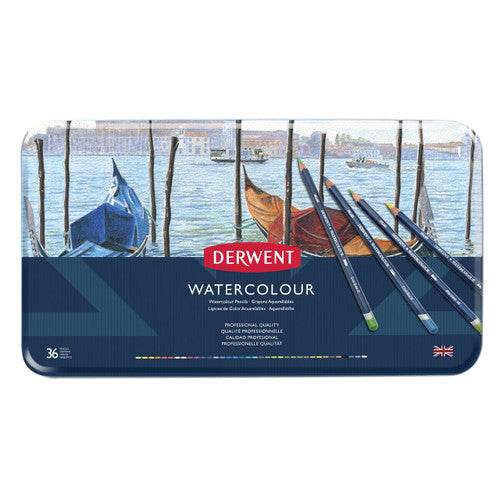 Derwent Academy Watercolour Pencils Assorted Tin 36. Derwent Academy Watercolour Pencils assorted tin of 36 closed lid view.