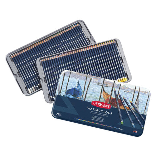 Derwent Academy Watercolour Pencils Assorted Tin 72. 72 Derwent Academy Watercolour Pencils fanned out showing full colour range.