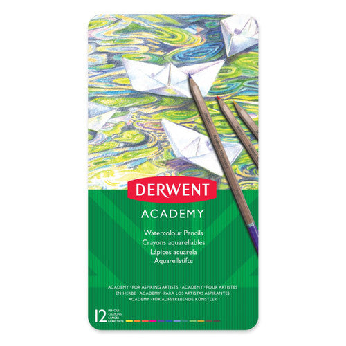 Derwent Academy Watercolour Pencils assorted tin of 12 closed, viewed from above