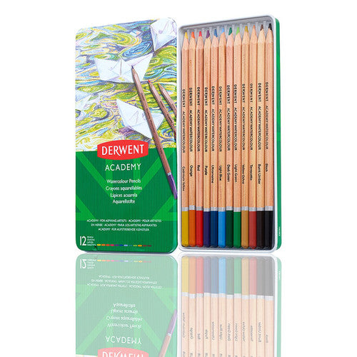 Derwent Academy Watercolour Pencils Assorted Tin of 12. Open tin showing 12 assorted Derwent Academy watercolour pencils arranged in a row.