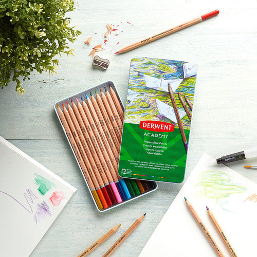 Derwent Academy Watercolour Pencils Assorted Tin of 12. Derwent Academy watercolour pencil being used dry on white drawing paper.