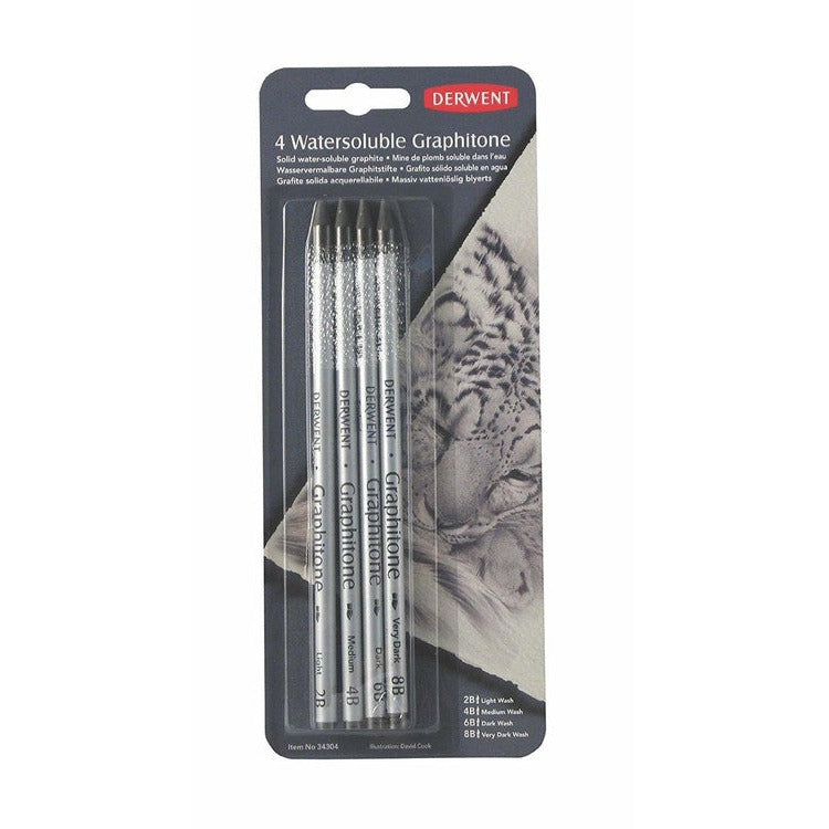 Derwent 4 Watersoluble Graphitone blister pack on a dark grey card with a big cat drawing, holding 2B, 4B, 6B and 8B sticks in silver wraps.