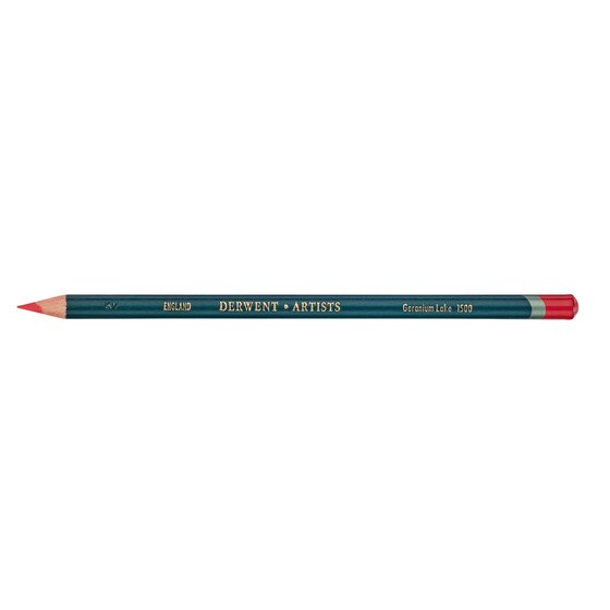 Derwent Artists colour pencil in Geranium Lake with a red sharpened tip, dark teal round barrel and red dipped end