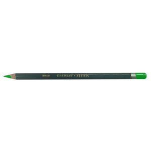 Derwent Artists Pencil in Grass Green, a single pencil on a white background with a dark green barrel, gold DERWENT ARTISTS lettering, a sharpened point and the end dipped in Grass Green