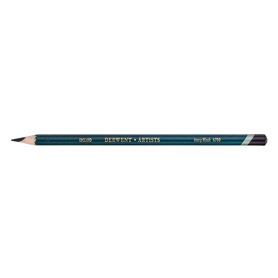 Derwent Artists colour pencil in Ivory Black, gold lettering reading Ivory Black 6700 on the teal barrel and a black tip