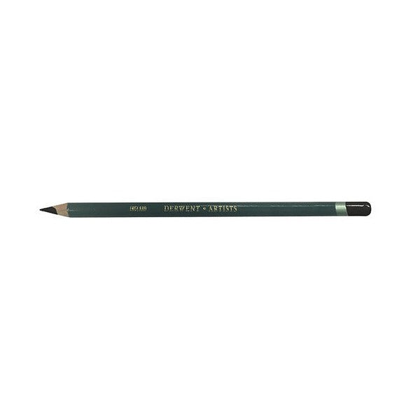 Full length of a Derwent Artists pencil in Ivory Black, dark teal round barrel with Derwent Artists printed in gold