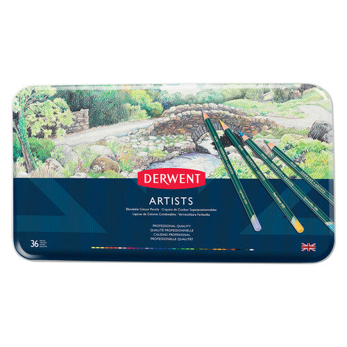 Derwent Artists tin of 36 colour pencils with the lid closed, showing an illustrated stone bridge scene and red Derwent logo