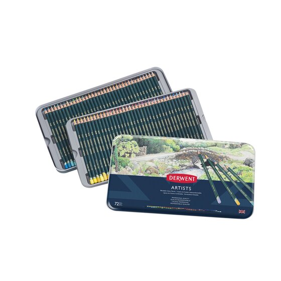Derwent Artists 72 tin with two trays of assorted colour pencils fanned out behind the illustrated tin lid