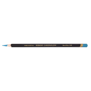 Single Derwent Chromaflow pencil in Bondi Blue 1410: black barrel with gold Derwent Chromaflow and Bondi Blue 1410 lettering, a mid ocean blue end cap and a sharpened mid ocean blue point
