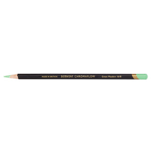 Single Derwent Chromaflow pencil in Green Meadow 1610, sharpened, with a black barrel, gold Derwent Chromaflow lettering and a Green Meadow end cap