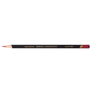 Derwent Chromaflow Hot Pink 0810 coloured pencil lying flat and sharpened, black barrel with gold lettering and a Hot Pink coloured end