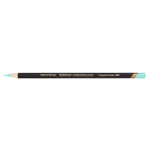 Single Derwent Chromaflow pencil in Turquoise Green 1500, sharpened, with a black barrel, gold Derwent Chromaflow lettering and a Turquoise Green end cap