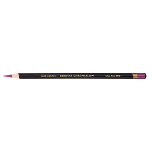 Single Derwent Chromaflow pencil in Ultra Pink 0910, sharpened, with a black barrel, gold Derwent Chromaflow lettering and a Ultra Pink end cap