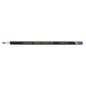 Single Derwent Chromaflow pencil in Violet Blue 1120, sharpened, with a black barrel, gold Derwent Chromaflow lettering and a Violet Blue end cap