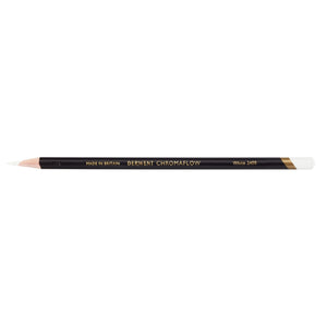 Single Derwent Chromaflow pencil in White 2400, sharpened, with a black barrel, gold Derwent Chromaflow lettering and a White end cap