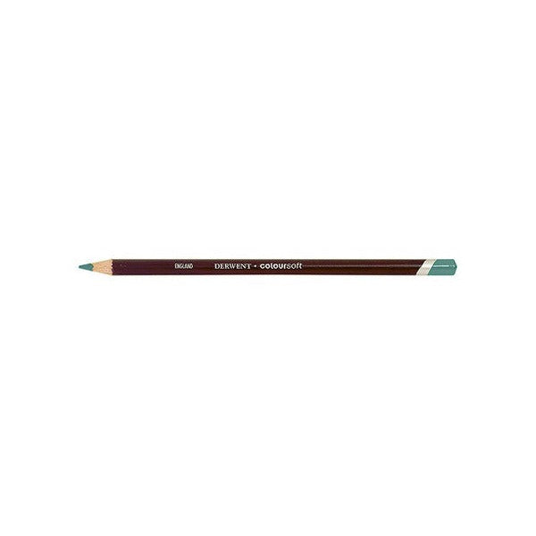 Smaller side view of the Derwent Coloursoft Pencil Grey Green on a white background, showing the Grey Green point, the gold barrel lettering and the Grey Green end.