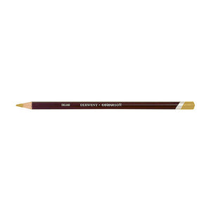 Single Derwent Coloursoft pencil in Yellow Ochre, colour C050, lying flat on white, with a dark barrel, DERWENT coloursoft lettering and a Yellow Ochre end and point