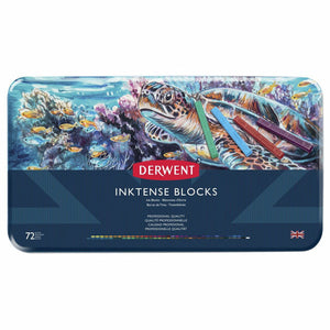 Closed Derwent Inktense Blocks tin marked 72, with a turtle and coral reef artwork on the lid, the Derwent logo and a row of colour swatches along the bottom edge