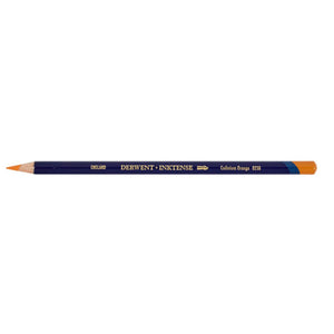 Derwent Inktense Pencil in Cadmium Orange on white: navy barrel printed DERWENT INKTENSE and Cadmium Orange 0250, with the end cap and sharpened point in the pencil colour