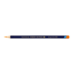 Single Derwent Inktense pencil in Orange Sorbet lying flat on a white background, barrel printed DERWENT INKTENSE with the colour name and number Orange Sorbet 0255
