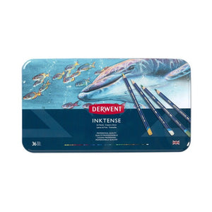 Closed Derwent Inktense 36 pencil tin, lid printed with a dolphin and fish underwater painting, the Derwent logo and the number 36