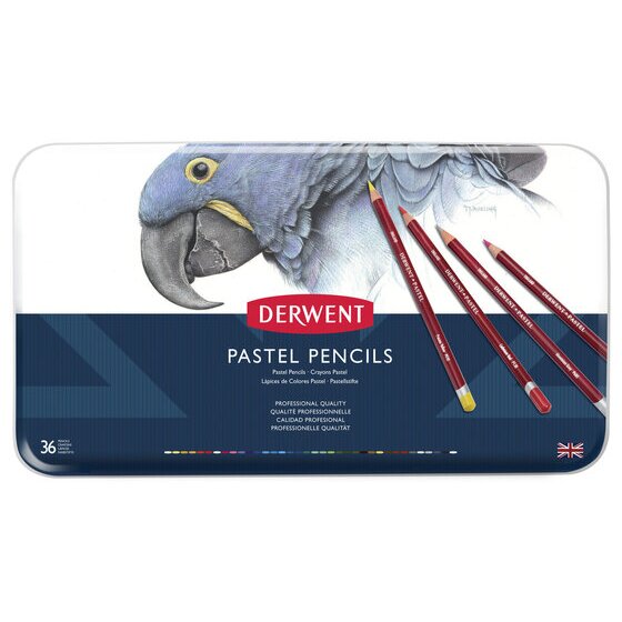 Closed Derwent Pastel Pencils tin of 36 with a blue parrot illustration and red Derwent label on a navy panel
