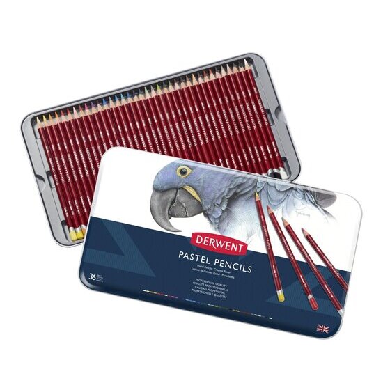 Derwent Pastel Pencils tin of 36 open behind its lid, showing rows of dark red pastel pencils with coloured ends