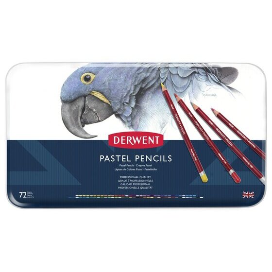 Derwent Pastel Pencils tin of 72 with a blue parrot illustration, navy lower panel and red Derwent label