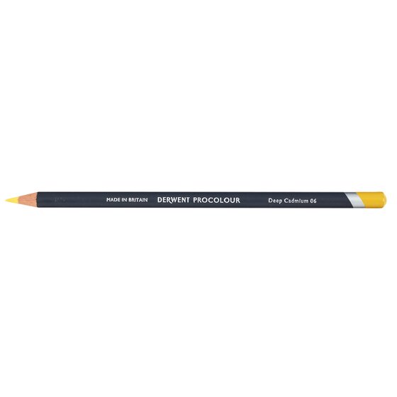 Derwent Procolour pencil in Deep Cadmium with a dark grey round barrel printed Made in Britain and a golden yellow end