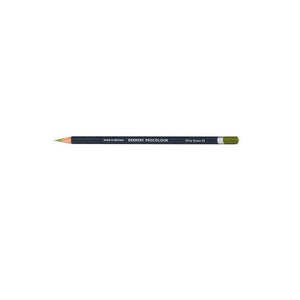 Derwent Procolour Pencil Olive Green, a single sharpened pencil with a dark grey barrel, white DERWENT PROCOLOUR lettering, Olive Green 52 printed near the end and a point and end cap in the Olive Green colour.