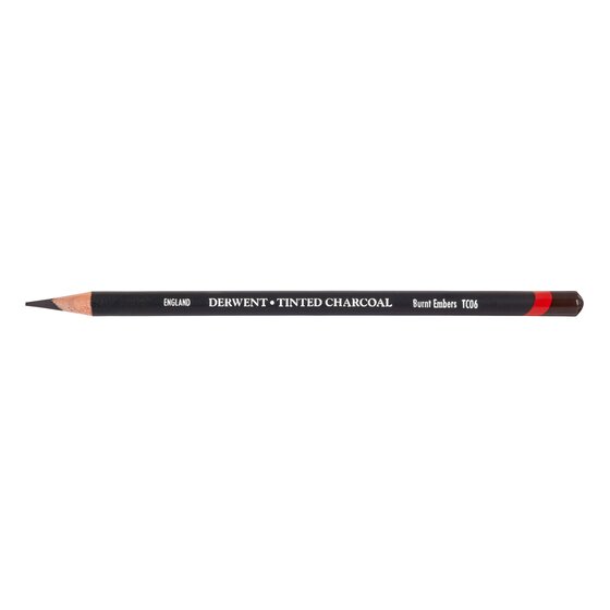 Derwent Tinted Charcoal pencil printed Burnt Embers TC06 on a black barrel, with a red band and a dark red brown end