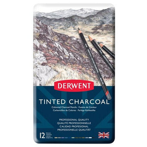 Closed Derwent Tinted Charcoal tin with a mountain landscape on the lid and a red Derwent label, marked Professional Quality and 12
