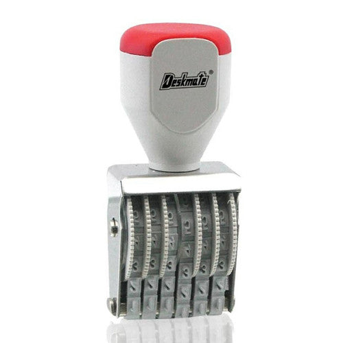 Deskmate 6 band rubber number stamp with steel frame showing adjustable character bands, 4mm character height