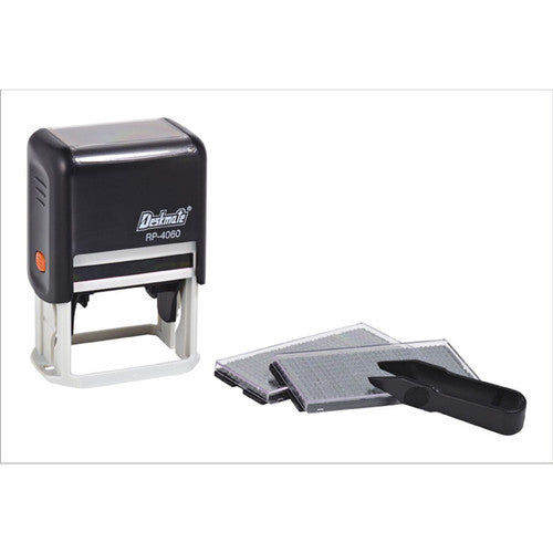 Deskmate DIY self-inking stamp kit with typeset, tweezers and black ink pad for custom 5-line text stamps