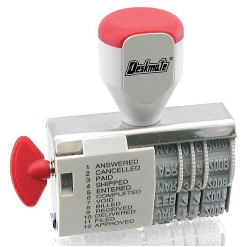 Deskmate Dial-A-Phrase Rubber Dater Stamp with steel frame and adjustable phrase band, front view on white background