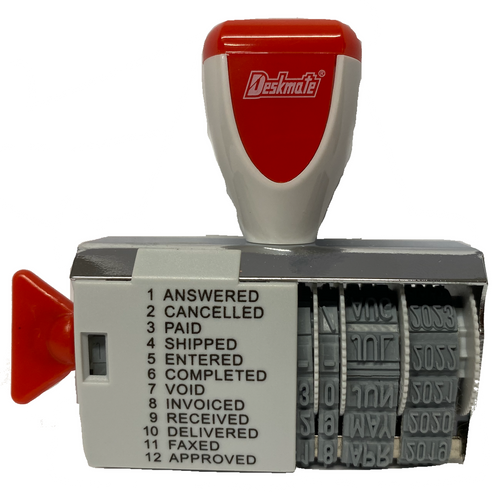 Close-up of Deskmate Dial-A-Phrase Stamp showing the 4 date bands and rotating phrase selector